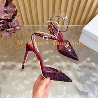 Burgundy Crystal Stiletto Pumps Sexy Pointy Toe Thin High Heel Ankle Buckle Strap Real Picture Handmade Excellent Quality