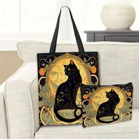 Retro Art Noble Black Cat Shoulder Bag And Makeup Bag Reusable Shopping Bags Chic Cosmetic Pouch Handbag Women's Daily Use