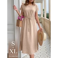 Slim Long Loose Solid Color A-Line Dress 2026 Summer Drawstring Waist Short Sleeve Round Neck Casual Fashion Women's Dress