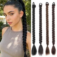 24Inch Synthetic Long Straight Box Braid Elastic Rubber Band Ponytail Heat Resistant Soft Hairpiece For Women Daily Party Use