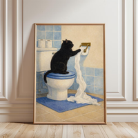Whimsical Bathroom Cat Wall Print Decor - Realistic Illustration of a Mischievous Black Cat Sitting on a White Toilet, Unrolling