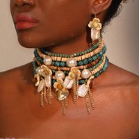 Statement Vintage Beads&Flower Chocker Necklace&Earrings Starfish&Shells Design Women Trendy Wedding Party Jewelry
