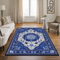 Blau-weißer persischer Retro-Wohnzimmerteppich, waschbar, rutschfest, Dekoration, für Zuhause, Garderobe, große Fläche, weiche Esszimmermatten