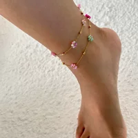 Waterproof 18k Gold Plated Tarnish Free Stainless Steel Ankle Bracelet Colorful Pink Flower Anklet for Women Summer Boho Jewelry