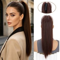 18Inch Synthetic Long Straight Claw Clip in Ponytail Hair Extension Half-Tied Fiber Black Brown Hairpiece for Women