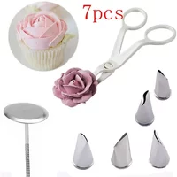 7Pcs/set Flower Scissor+Cake Tray +5pcs Tulips Rose Nozzle Nail Decor Lifter Fondant Cream Transfer Baking Pastry Kitchen
