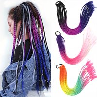 24Inch Synthetic Long Straight 12 Strands Hair Extensions Rubber Bands Rainbow Braided Ponytail Hair Accessories for Women