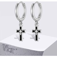 Vnox Simple Hip Hop Cross Huggies Hoop Earrings for Men Boys, Sliver Color Piercing Dangle Drop Earring, Men's Jewelry Gifts
