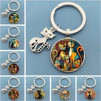 2025 Abstract Cat Keychain Creative Cat Home Pattern Glass Dome Keychain I Love Cat Jewelry Gift Wholesale