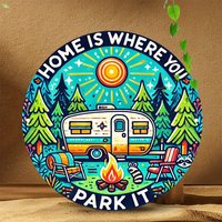 Vintage RV Camping Aluminum Wall Decor - 7.8" Round Retro Camper Sign with "Home is Where You Park It" Quote, Turquoise