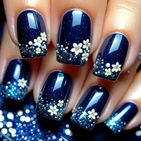 Short Medium Square fake nails for women girls dark blue colors with flowers for Spring summer full cover acrylic press on nails