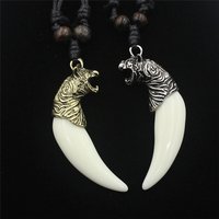Vintage Silver Plated Leopard Pendant Necklace Acrylic wolf Tooth Charms Sweater Chain Rope Amulet Gift