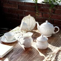 European Embossed Leaf Pattern White Ceramic Coffee Teapot Restaurant Household Bone China Pot Cup Toffee Jar