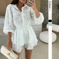 Casual Long Sleeved Beach Outfit 2025 Summer Lace Ruffle Loose Women's Two Piece Set Fashion Lapel Button Shirt And Shorts Suit