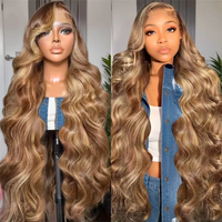 44 Inch Honey Blonde Ombre Human Hair 13x4 HD Lace Front Wig Body Wave P4/27 Highlight 220 Density Glueless Pre Plucked