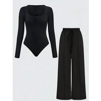 Plus Size Women's Black Ribbed Long Sleeve Bodysuit + Wide Leg Pants 2-Piece Set (0XL-4XL)