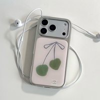Ins Cute Green Cherry Bowknot Electroplated Drip Glue Phone Case For iPhone 17 Air 16 Pro Max 15 14 Plus 13 12 Pro 11 Back Cover