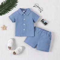 Baby Boy 2-Piece Fashion Casual Woven Jacquard Fabric Short-Sleeved Shirt Top And Shorts Set