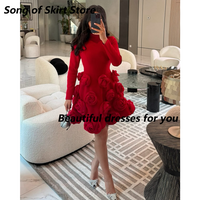 Red Prom Dress Customized Elegant Long Sleeve High Neck A Line Flowers Mini Cocktail Party Dress Short Evening Dresses