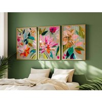 Abstract Floral Wall Art Set of 3, Colorful Modern Flower Poster Prints, Bright Botanical Home Decor, Contemporary Art Set