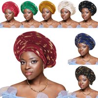 2024 New Feather Design Gold Stamping Nigerian Wedding Layered African Bandana Hat Women's Party Turban Headtie W4-1118-1