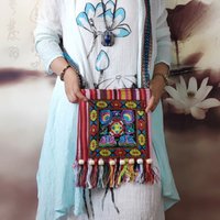 Ethnic style embroidered bag, tassel bead bag, embroidered linen shoulder crossbody bag, vintage hand woven bag