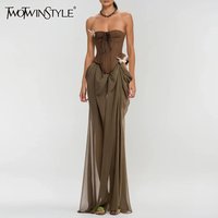 TWOTWINSTYLE Colorblock Slimming Spliced Applique Dresses for Women Strapless Sleeveless Patchwork Mesh Midi Dress Female New