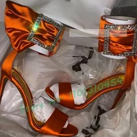 Gems Buckled Silk Heeled Sandals For Women Fashion High Stiletto Heels Yellow Shoes Ladies Summer Luxury Open Toe Satin Sandals