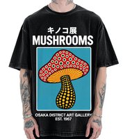 Japanese Polka Dot Art Mushrooms Vintage Washed T-shirt for Men Women Y2k Prue Cotton Goth Breathable Oversize Unseix Tee Top