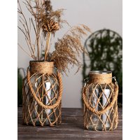 Rustic Hanging Glass Vase Rope Net Dry Flower Glass Vase with Art Hemp Rope Home Transparent Living Room Decor Table Decoration