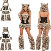 Halloween-Mädchen, verführerisches Leopardenmuster-Kostüm – kurzes Karnevalskostüm, Damen-Kostüm für Erwachsene, Tierkostüm mit Kapuze und Schwanz.