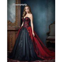 Vintage Victorian Wedding Dress Red And Black Gothic Bridal Gown Lace Appliques Sweethart Corset Vestido Customized