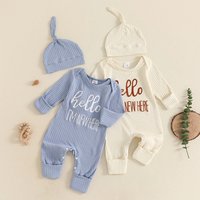 Baby Boys Spring Autumn Jumpsuit Newborn Ribbed Letter Embroidery Long Sleeve Romper Hat Clothes