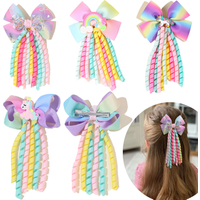 Sweet Unicorn Hair Clips For Girl Bow Barrette Cute Tassel Ribbon Curly Ponytail Hairpins Accessories