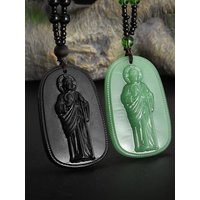 Obsidian Vintage Religious Jesus Pendant Necklace Men's Prayer Jewelry