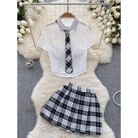 Plaid JK Uniform Short Sleeve Blouse And Pleated Skirt Set Women Sexy Comfortable Uniform Suit Female Clothing New