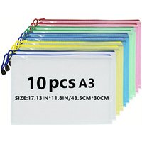 10pcs A3 Mixed Color, Student Supplies, Plastic, Folder Bag, Zip Folder, Mesh Zip Bag, Suitable For School Office Supplies
