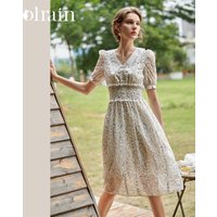 OLrain Floral Chiffon Womens Dresses 2026 Spring Summer New Smocking Lace V-Neck Puff Sleeve Sequins Elegant Dress O21XL52228