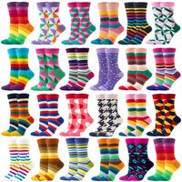 【6 Pairs】 Novelty Woman Socks Harajuku Cotton Funny Happy Rainbow Striped Diamond Pattern Unisex Socks Girl Kawaii Gift Socks