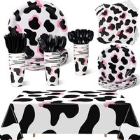 Pink Cow Print Party Tableware Cowgirl Pink Cow Party Plate Cup Napkin Tablecloth Fork for Baby Shower Farm Cow Birthday Decors