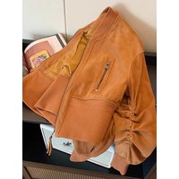 Retro Coffee Suede Jacket Women's Short Style Slimming Outerwear Fall Winter New Fashionable Pull-On Zipper Closure round Neck
