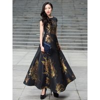 Vintage Elegant Jacquard Dress for Women Featuring a Waist-Cinching Flared Maxi Silhouette Banquets Parties and Formal Events