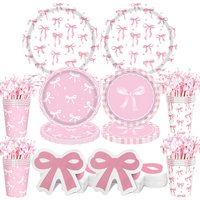 Pink Bow Print Tableware 7/9 Inch Paper Plates Cups Napkin Girl Bow Theme Party Birthday Baby Shower Bachelorette Party Supplie