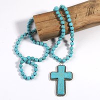 RH Fashion Bohemian western Jewelry 8mm Stone Knotted Cross Pendant Necklace For Women Festival Gift