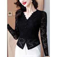 Stretch Black Lace Long Sleeve T Shirt Women's Autumn M-3XL T Shirt Ladies V Neck Front Split Tops Slim Tees Clothing