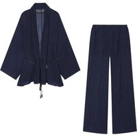 BSAY 2026 New Summer New Chinese Style Navy Blue Crinkle Open Front Top Wide Leg Pants Set Women Casual 2-Piece Outfit With Belt