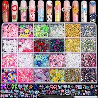 24 Grid Nail Charms Kit AB Rhinestones Nail Pearls 3D Flower Nail Jewels Multi Shape Nail Art Decorations for DIY Salon