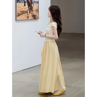 Yellow Elastic Waist A-Line Midi Skirt Women's Spring Summer New Style Elegant Pleated Skirt City Walk Other Style Other Mate...