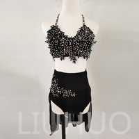 LIUHUO Women's Pole Dance Skirt 3D Embroidered Bra Top Mesh Skirt Diamonds Competition Show BD1454