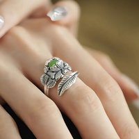 Ethnic Style Relief Leaf Lotus Flower Ring Women Jewelry Retro Jade Green Oval Ring For Lady Finger Accessories